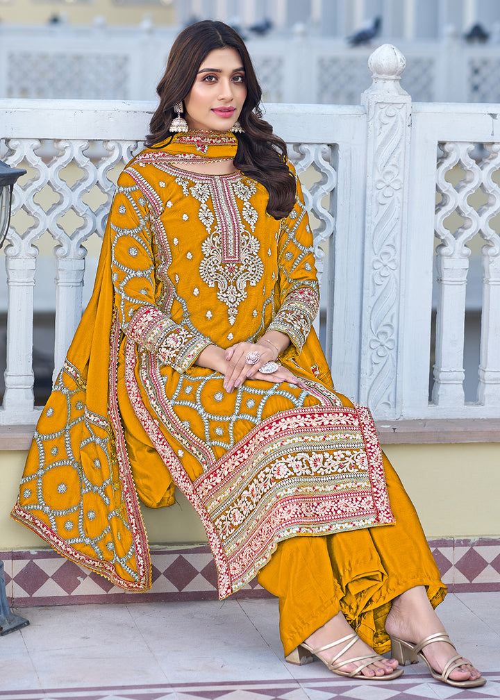 Buy Now Palazzo Style Yellow Chinnon Embroidered Salwar Suit Online in USA, UK, Canada, Germany, Australia & Worldwide at Empress Clothing. 