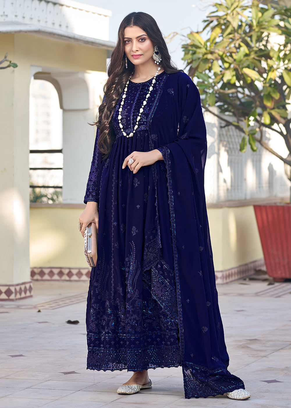 Buy Now Navy Blue Georgette Embroidered Frock Style Salwar Suit Online in USA, UK, Canada, Germany, Australia & Worldwide at Empress Clothing. 