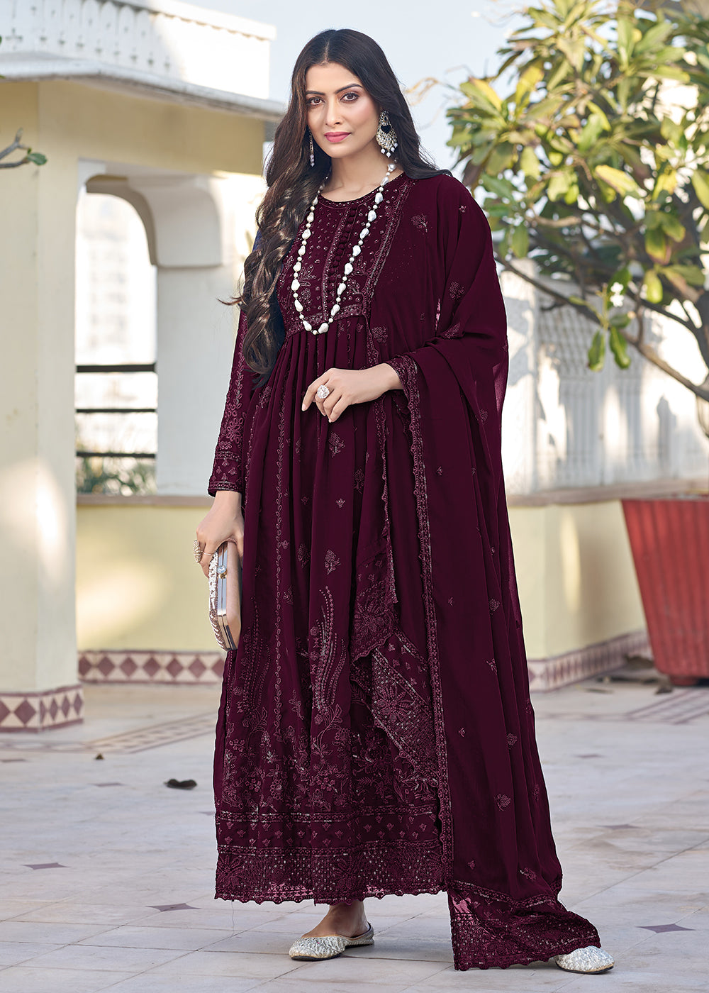 Buy Now Wine Georgette Embroidered Frock Style Salwar Suit Online in USA, UK, Canada, Germany, Australia & Worldwide at Empress Clothing. 