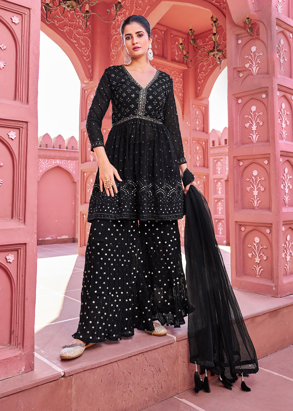 Buy Now Majestic Black Embroidered Eid Style Palazzo Suit Online in USA, UK, Canada, Germany, Australia & Worldwide at Empress Clothing. 