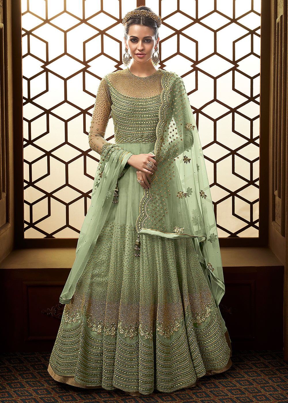 Buy Now Green Butterfly Net Embroidered Wedding Anarkali Gown Online in US, UK, Canada, France, Italy, Sweden, Ireland, Denmark, Greece & Worldwide at Empress.