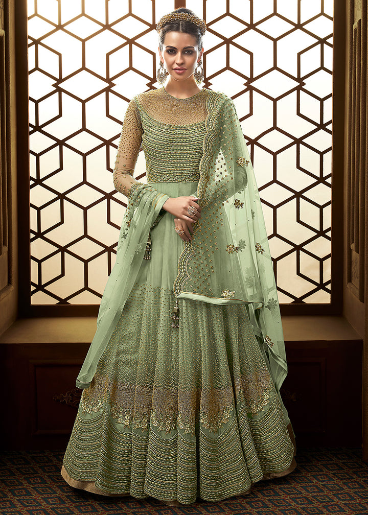 Buy Now Green Butterfly Net Embroidered Wedding Anarkali Gown Online in US, UK, Canada, France, Italy, Sweden, Ireland, Denmark, Greece &amp; Worldwide at Empress.