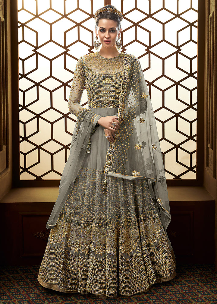 Buy Now Grey Butterfly Net Embroidered Wedding Anarkali Gown Online in US, UK, Canada, France, Italy, Sweden, Ireland, Denmark, Greece &amp; Worldwide at Empress.