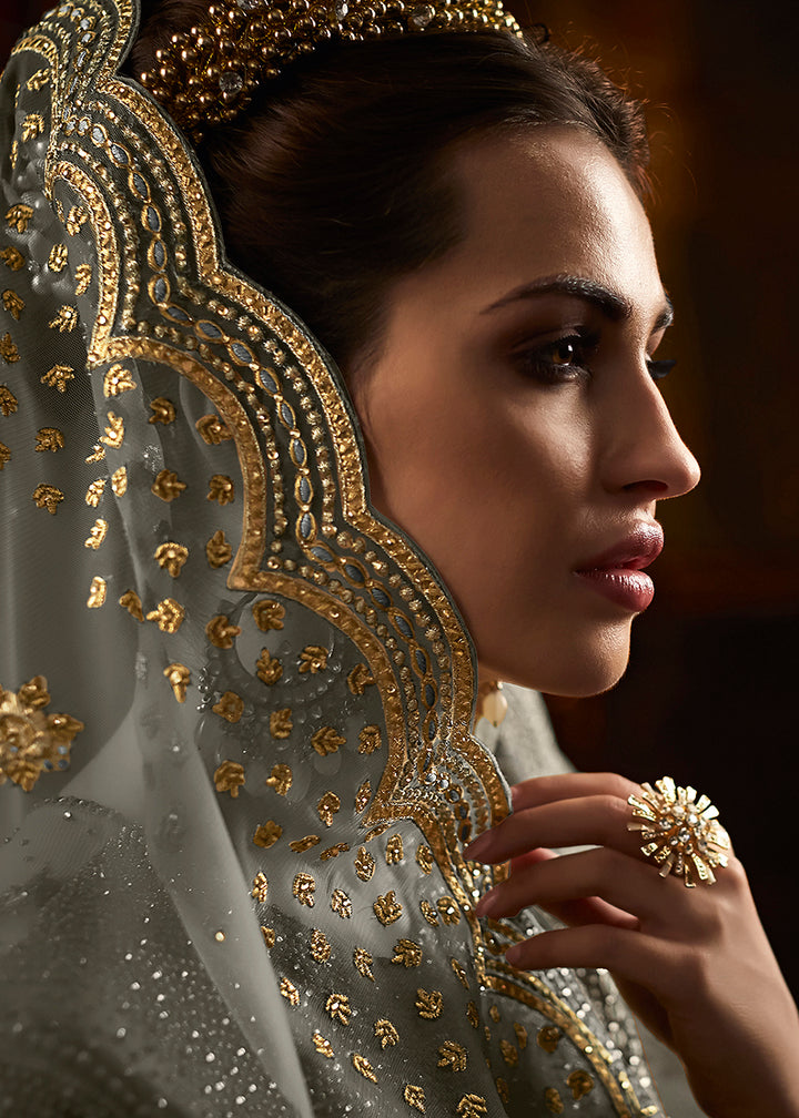 Buy Now Grey Butterfly Net Embroidered Wedding Anarkali Gown Online in US, UK, Canada, France, Italy, Sweden, Ireland, Denmark, Greece &amp; Worldwide at Empress.