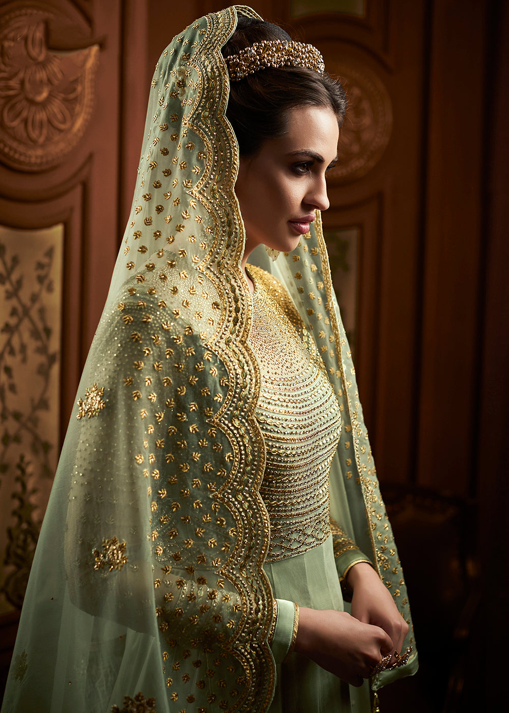 Buy Now Green Butterfly Net Embroidered Wedding Anarkali Gown Online in US, UK, Canada, France, Italy, Sweden, Ireland, Denmark, Greece &amp; Worldwide at Empress.