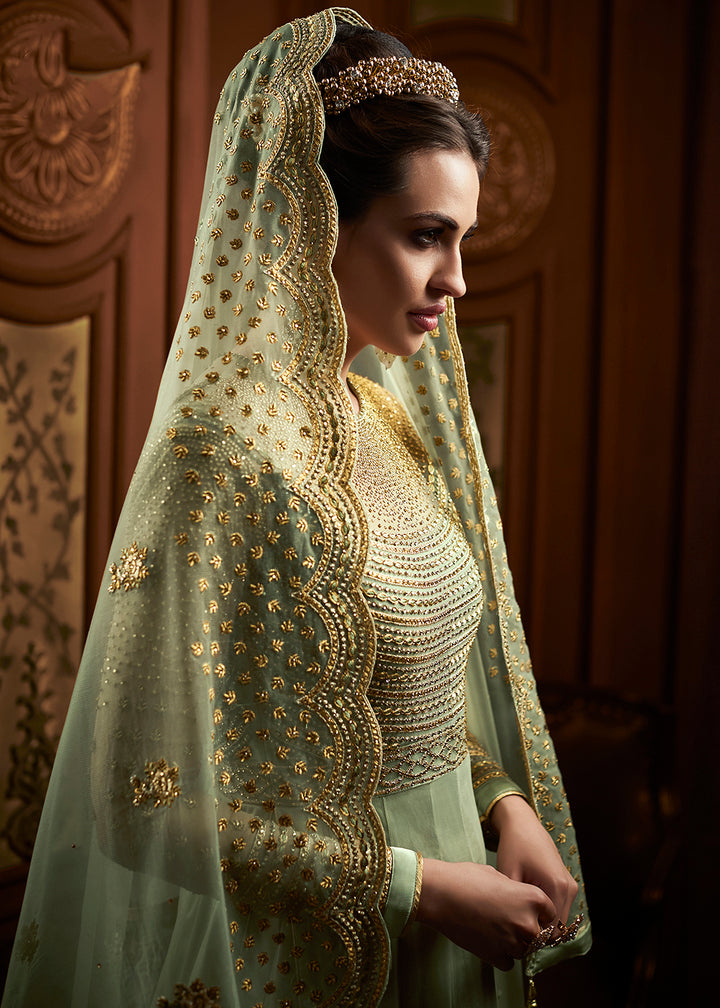 Buy Now Green Butterfly Net Embroidered Wedding Anarkali Gown Online in US, UK, Canada, France, Italy, Sweden, Ireland, Denmark, Greece &amp; Worldwide at Empress.