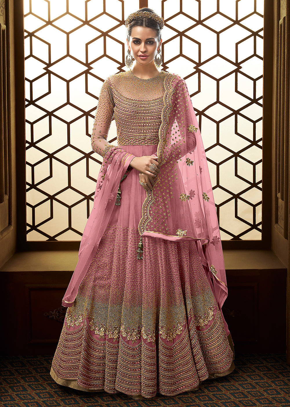 Buy Now Pink Butterfly Net Embroidered Wedding Anarkali Gown Online in US, UK, Canada, France, Italy, Sweden, Ireland, Denmark, Greece & Worldwide at Empress.