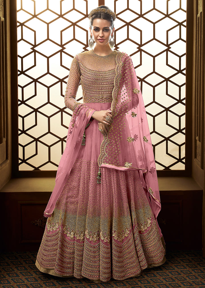 Buy Now Pink Butterfly Net Embroidered Wedding Anarkali Gown Online in US, UK, Canada, France, Italy, Sweden, Ireland, Denmark, Greece &amp; Worldwide at Empress.