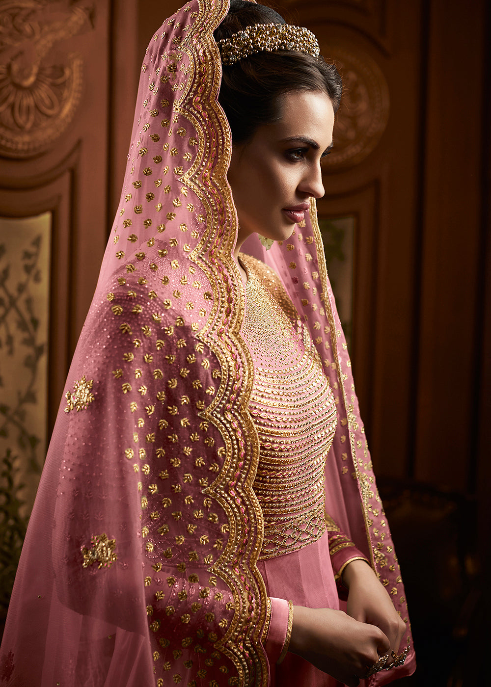 Buy Now Pink Butterfly Net Embroidered Wedding Anarkali Gown Online in US, UK, Canada, France, Italy, Sweden, Ireland, Denmark, Greece &amp; Worldwide at Empress.