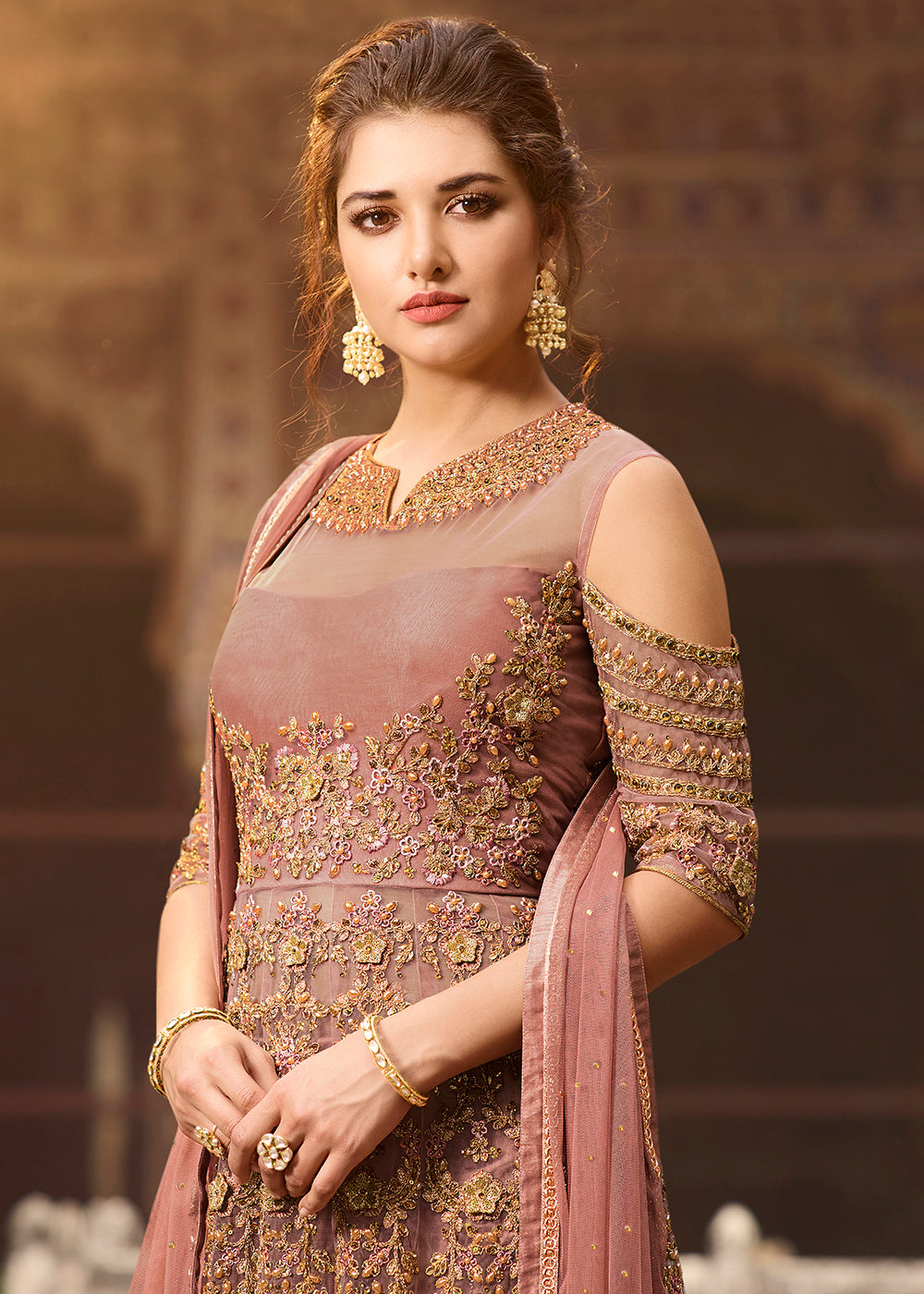 Buy Now Butterfly Net Pink Wedding Party Wear Anarkali Gown Online in US, UK, Canada, France, Italy, Sweden, Ireland, Denmark, Greece &amp; Worldwide at Empress.