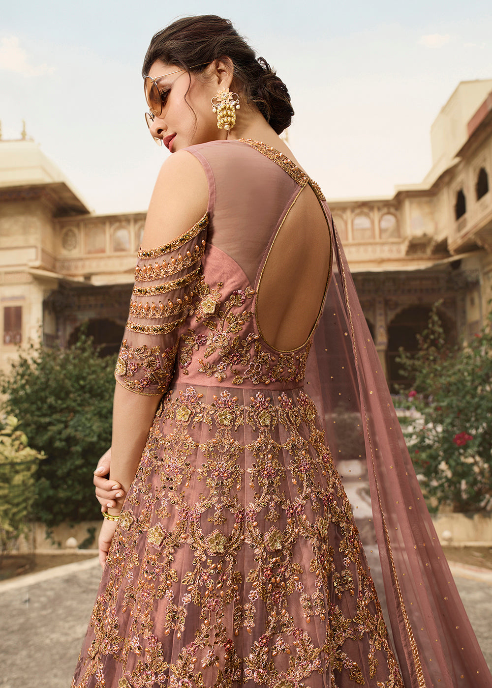 Buy Now Butterfly Net Pink Wedding Party Wear Anarkali Gown Online in US, UK, Canada, France, Italy, Sweden, Ireland, Denmark, Greece &amp; Worldwide at Empress.