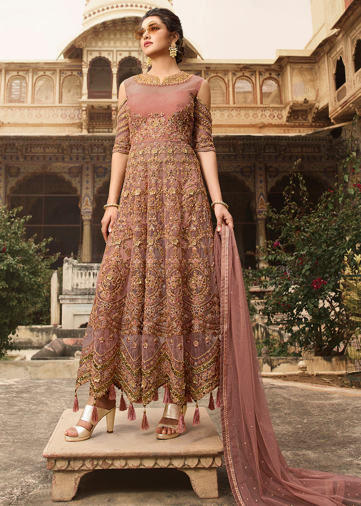Buy Now Butterfly Net Pink Wedding Party Wear Anarkali Gown Online in US, UK, Canada, France, Italy, Sweden, Ireland, Denmark, Greece &amp; Worldwide at Empress.