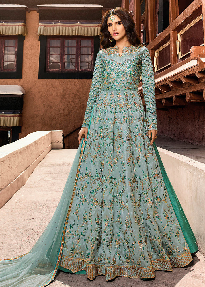 Buy Now Designer Blue Soft Silk Wedding Wear Anarkali Gown Online in US, UK, Canada, France, Italy, Sweden, Ireland, Denmark, Greece, UAE &amp; Worldwide at Empress.