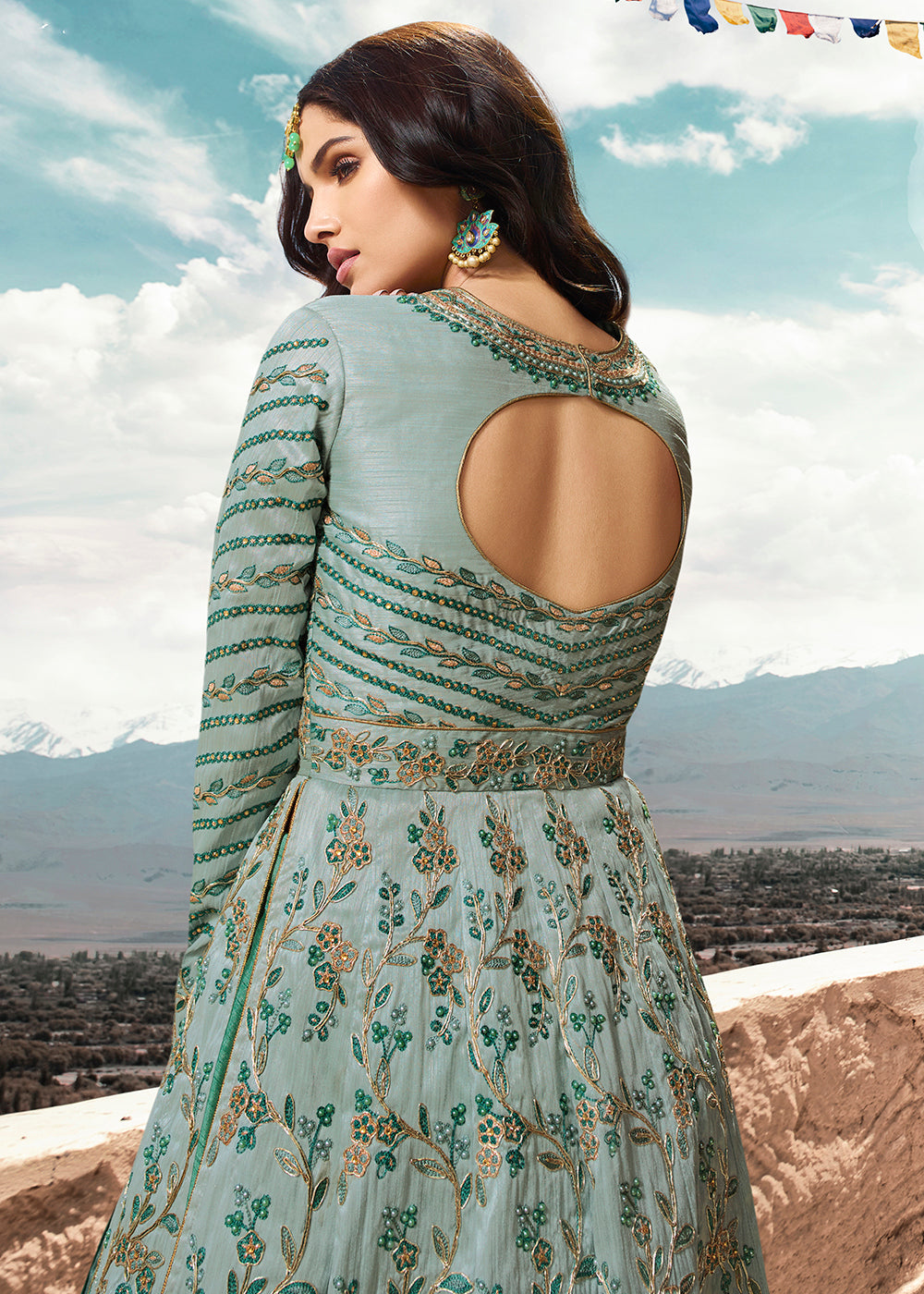 Buy Now Designer Blue Soft Silk Wedding Wear Anarkali Gown Online in US, UK, Canada, France, Italy, Sweden, Ireland, Denmark, Greece, UAE &amp; Worldwide at Empress.