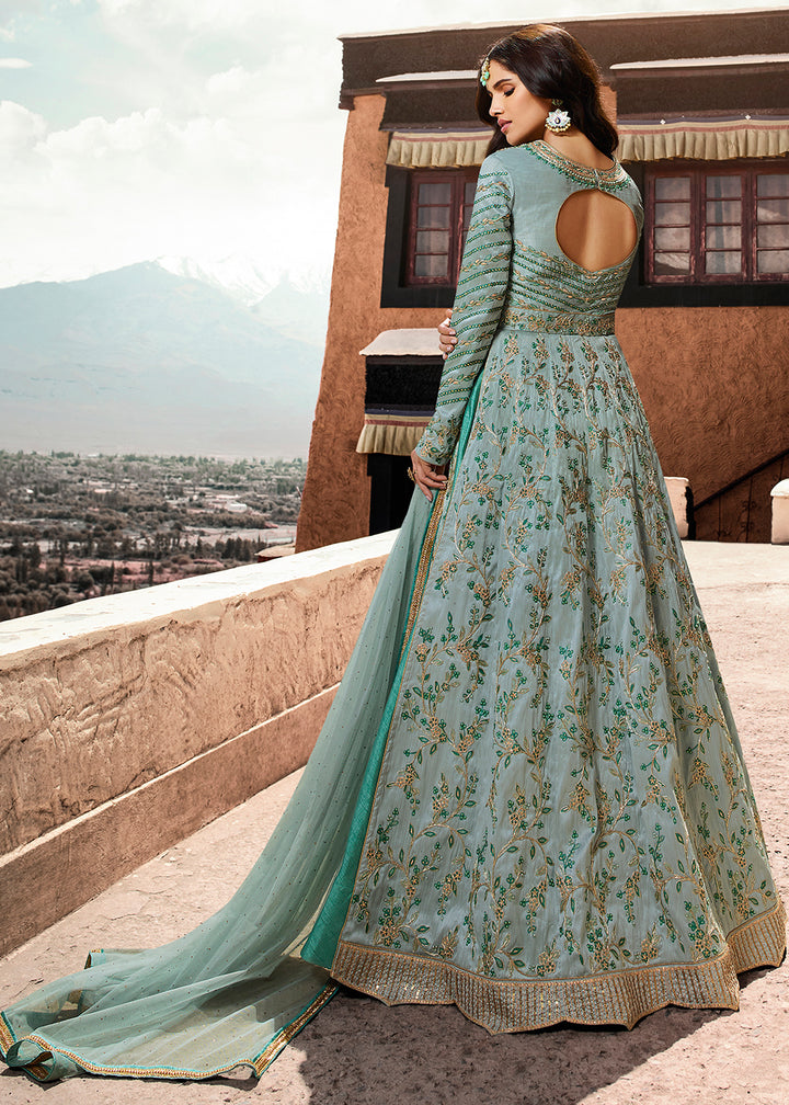 Buy Now Designer Blue Soft Silk Wedding Wear Anarkali Gown Online in US, UK, Canada, France, Italy, Sweden, Ireland, Denmark, Greece, UAE &amp; Worldwide at Empress.