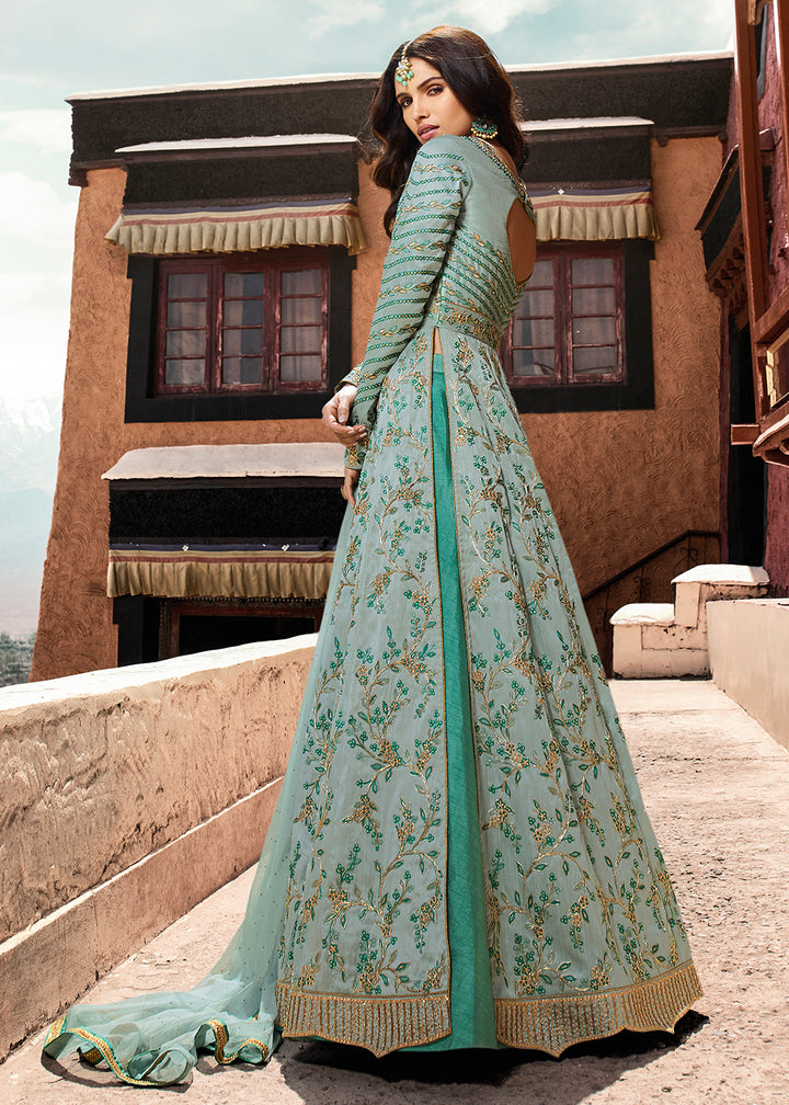 Buy Now Designer Blue Soft Silk Wedding Wear Anarkali Gown Online in US, UK, Canada, France, Italy, Sweden, Ireland, Denmark, Greece, UAE &amp; Worldwide at Empress.