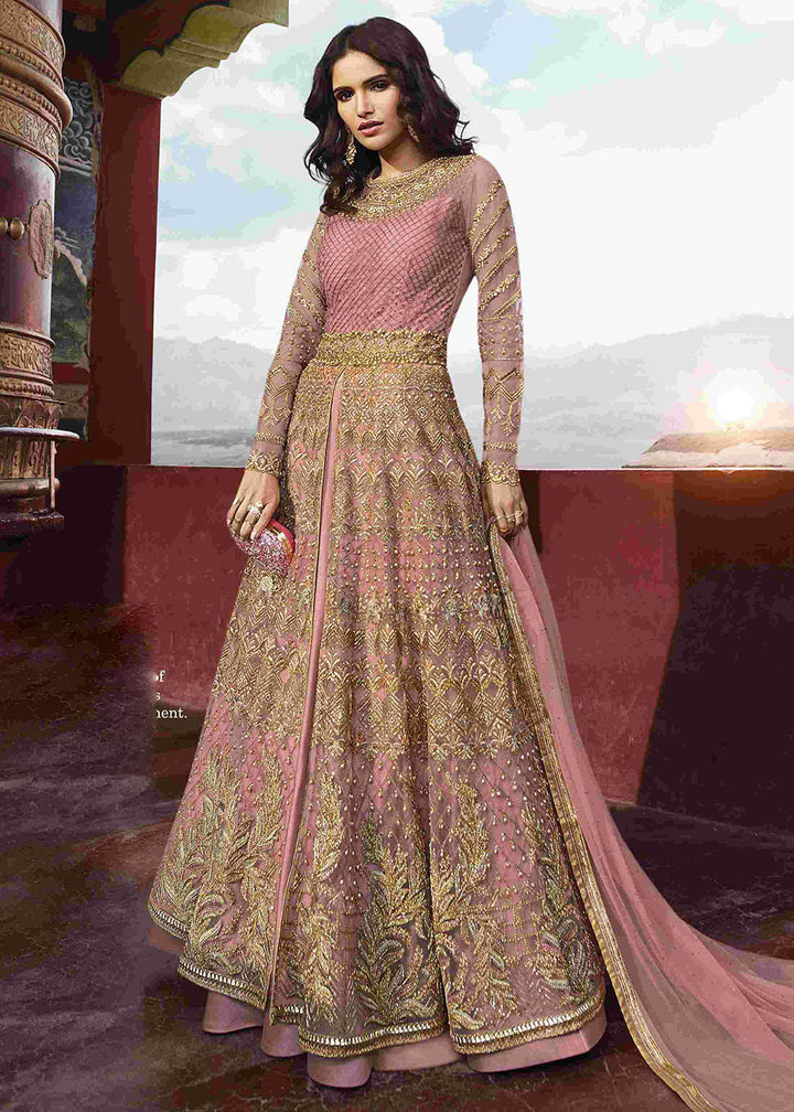 Buy Now Pink Premium Embroidered Wedding Party Wear Anarkali Gown Online in US, UK, Canada, France, Italy, Sweden, Ireland, Denmark, Greece &amp; Worldwide at Empress.