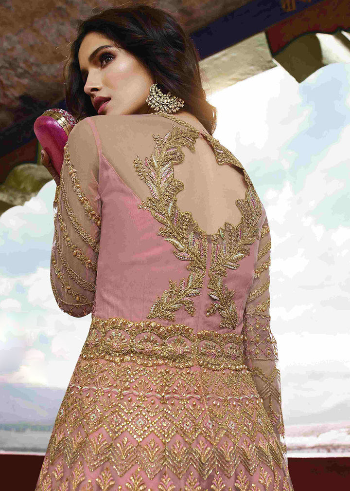 Buy Now Pink Premium Embroidered Wedding Party Wear Anarkali Gown Online in US, UK, Canada, France, Italy, Sweden, Ireland, Denmark, Greece &amp; Worldwide at Empress.