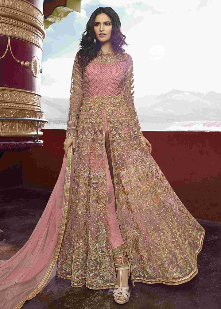 Buy Now Pink Premium Embroidered Wedding Party Wear Anarkali Gown Online in US, UK, Canada, France, Italy, Sweden, Ireland, Denmark, Greece &amp; Worldwide at Empress.