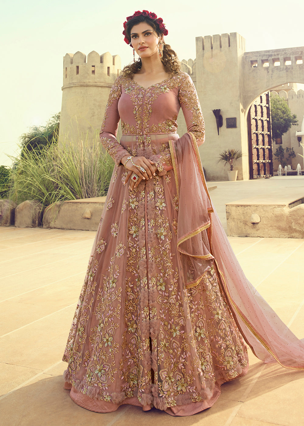 Buy Now Light Pink Anarkali & Lehenga Style Designer Wedding Gown Online in US, UK, Canada, France, Italy, Sweden, Ireland, Denmark, UAE & Worldwide at Empress.