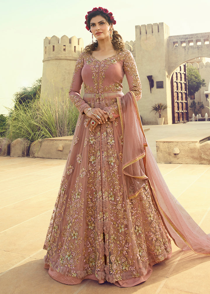 Buy Now Light Pink Anarkali &amp; Lehenga Style Designer Wedding Gown Online in US, UK, Canada, France, Italy, Sweden, Ireland, Denmark, UAE &amp; Worldwide at Empress.