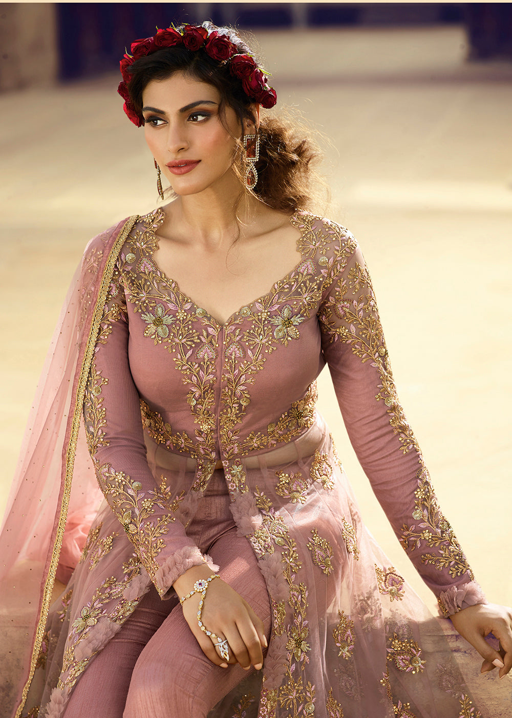 Buy Now Light Pink Anarkali & Lehenga Style Designer Wedding Gown Online in US, UK, Canada, France, Italy, Sweden, Ireland, Denmark, UAE & Worldwide at Empress.