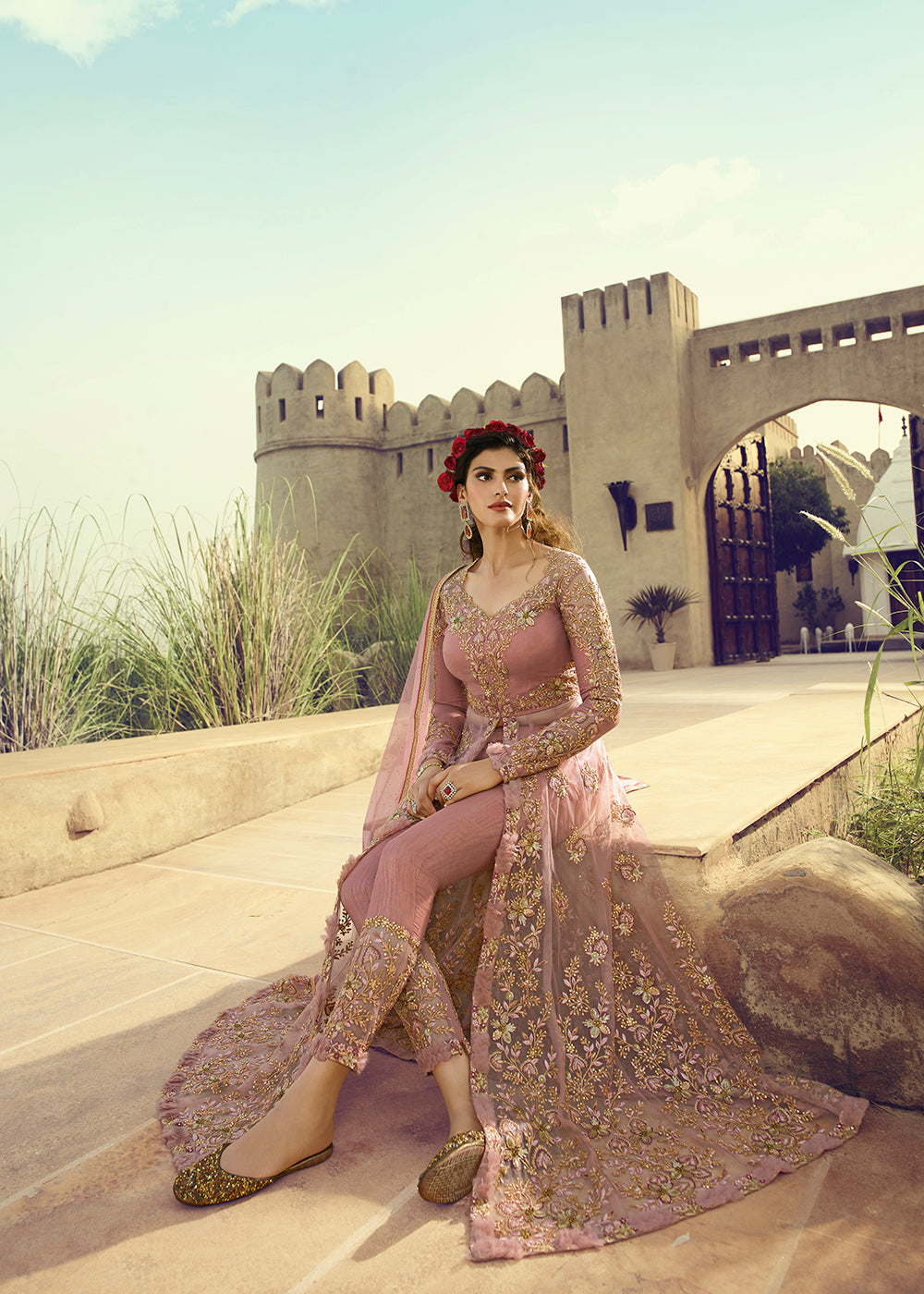 Buy Now Light Pink Anarkali &amp; Lehenga Style Designer Wedding Gown Online in US, UK, Canada, France, Italy, Sweden, Ireland, Denmark, UAE &amp; Worldwide at Empress.
