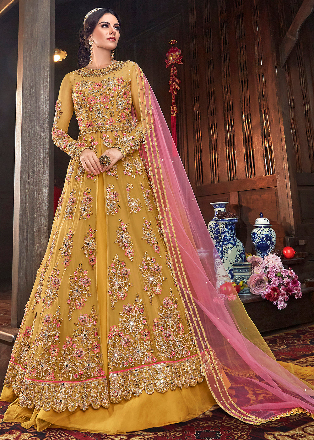 Buy Now Yellow Heavy Embroidery Anarkali & Lehenga Gown Online in US, UK, Canada, France, Italy, Sweden, Ireland, Denmark, Greece, UAE & Worldwide at Empress.