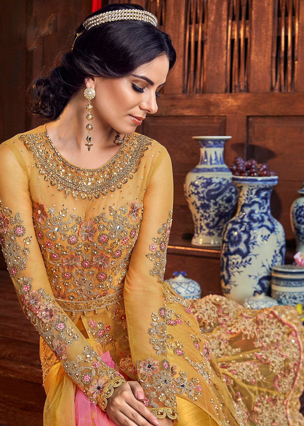Buy Now Yellow Heavy Embroidery Anarkali &amp; Lehenga Gown Online in US, UK, Canada, France, Italy, Sweden, Ireland, Denmark, Greece, UAE &amp; Worldwide at Empress.