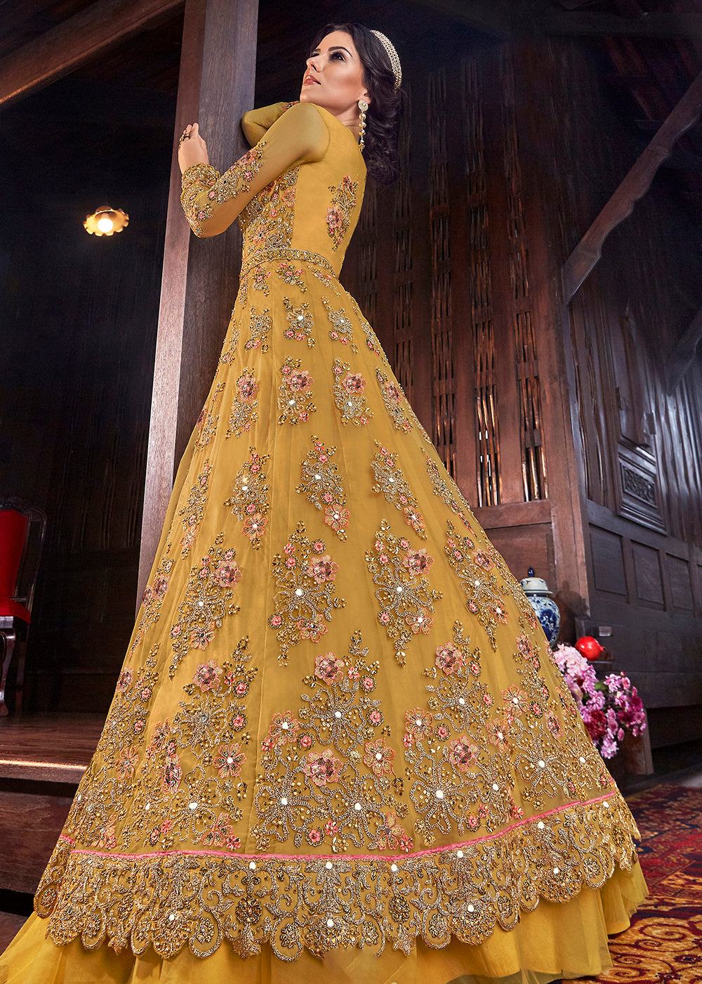 Buy Now Yellow Heavy Embroidery Anarkali &amp; Lehenga Gown Online in US, UK, Canada, France, Italy, Sweden, Ireland, Denmark, Greece, UAE &amp; Worldwide at Empress.