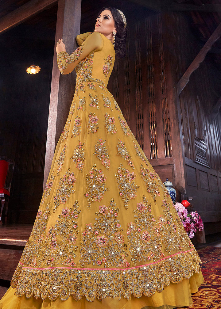 Buy Now Yellow Heavy Embroidery Anarkali &amp; Lehenga Gown Online in US, UK, Canada, France, Italy, Sweden, Ireland, Denmark, Greece, UAE &amp; Worldwide at Empress.
