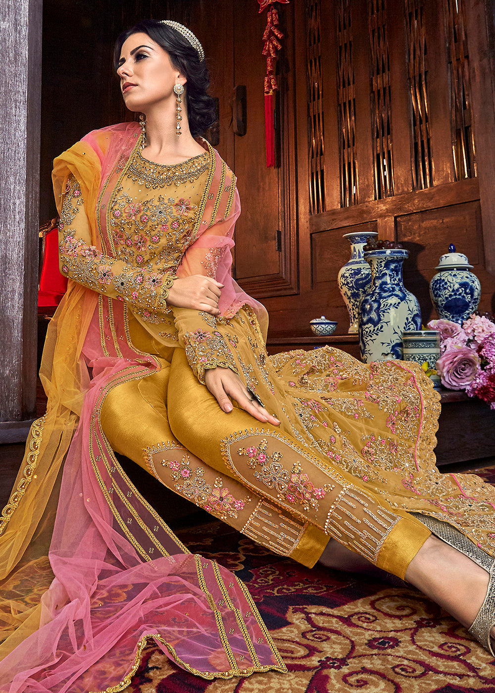 Buy Now Yellow Heavy Embroidery Anarkali &amp; Lehenga Gown Online in US, UK, Canada, France, Italy, Sweden, Ireland, Denmark, Greece, UAE &amp; Worldwide at Empress.