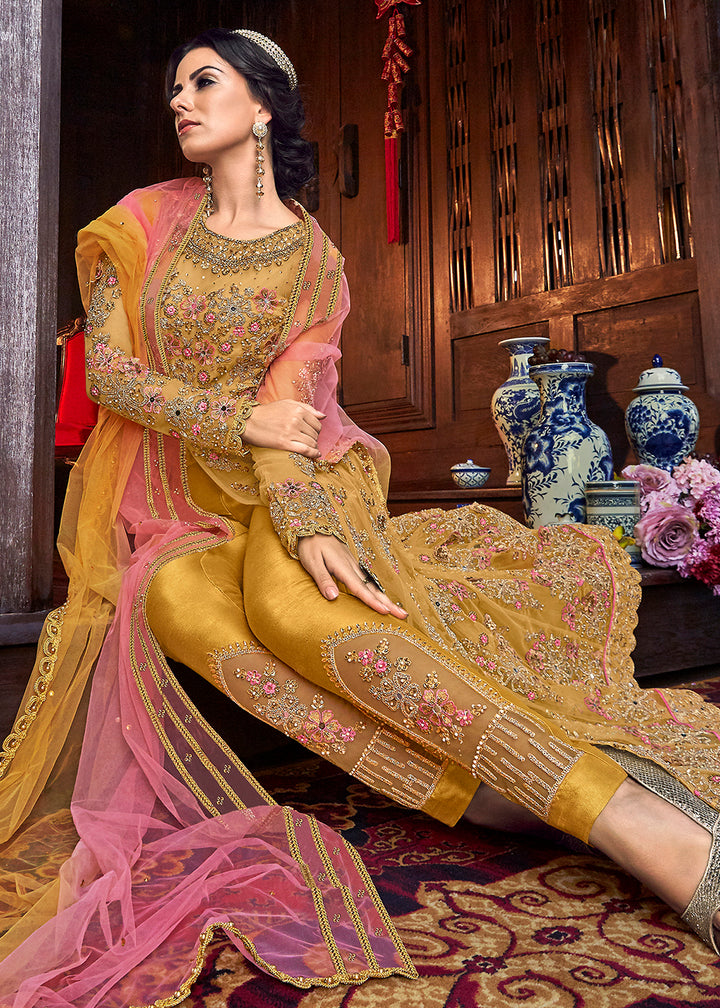 Buy Now Yellow Heavy Embroidery Anarkali &amp; Lehenga Gown Online in US, UK, Canada, France, Italy, Sweden, Ireland, Denmark, Greece, UAE &amp; Worldwide at Empress.