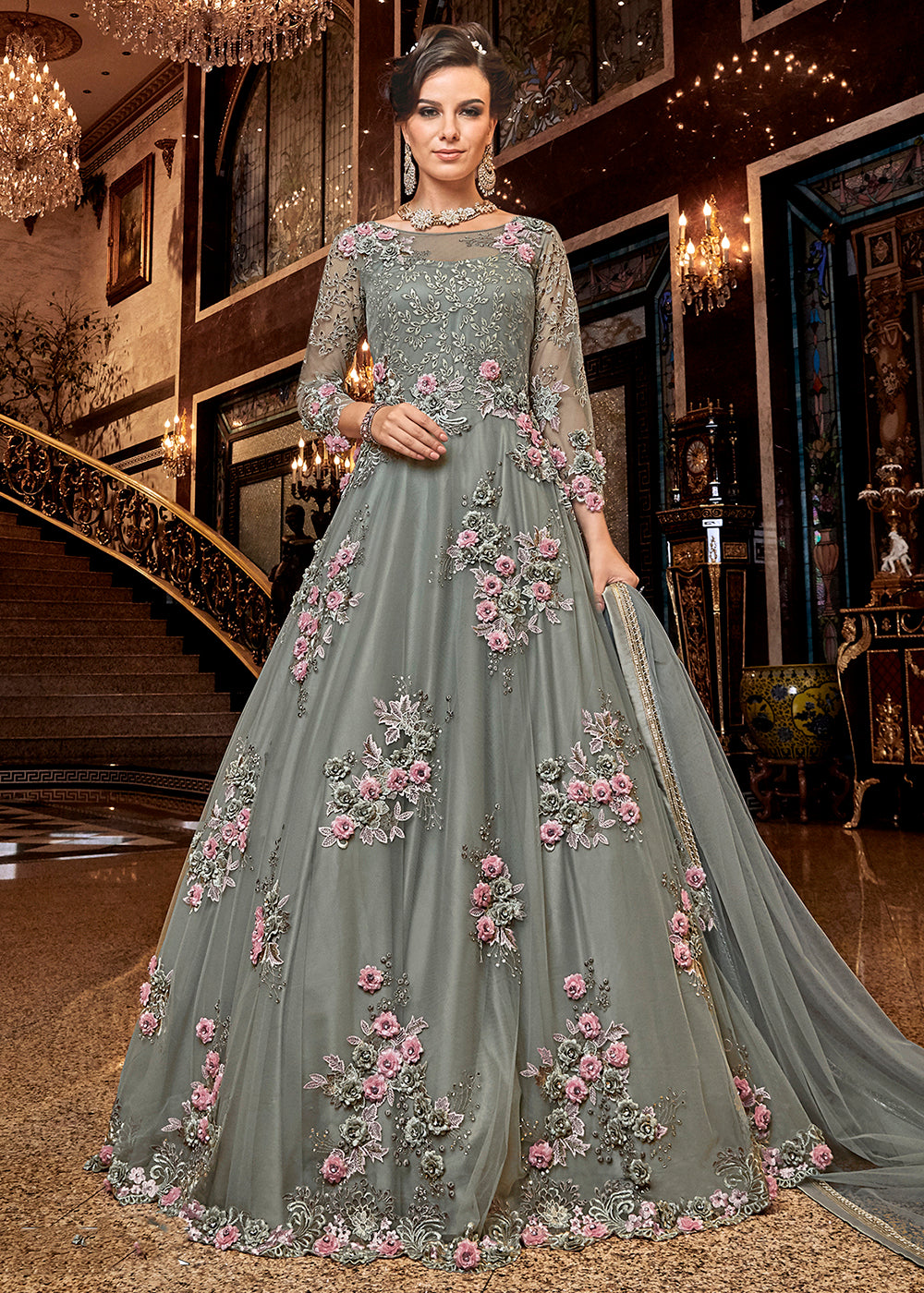 Buy Now Steel Grey Premium Net Reception Party Anarkali Gown Online in US, UK, Canada, France, Italy, Sweden, Ireland, Denmark, Greece & Worldwide at Empress.