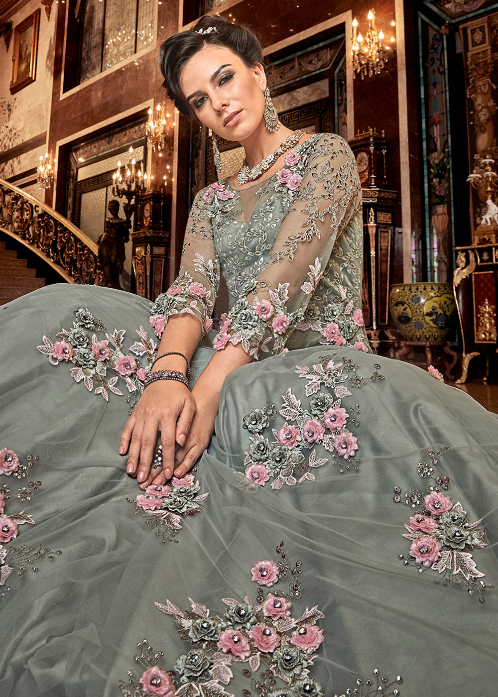Buy Now Steel Grey Premium Net Reception Party Anarkali Gown Online in US, UK, Canada, France, Italy, Sweden, Ireland, Denmark, Greece &amp; Worldwide at Empress.