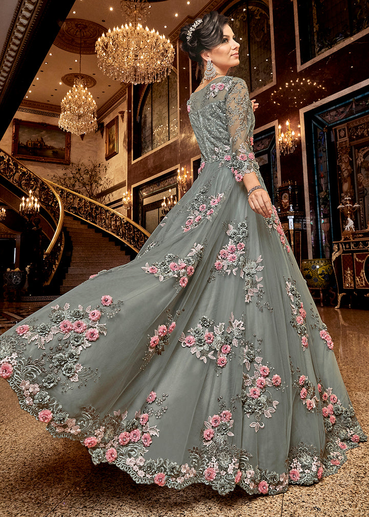 Buy Now Steel Grey Premium Net Reception Party Anarkali Gown Online in US, UK, Canada, France, Italy, Sweden, Ireland, Denmark, Greece &amp; Worldwide at Empress.