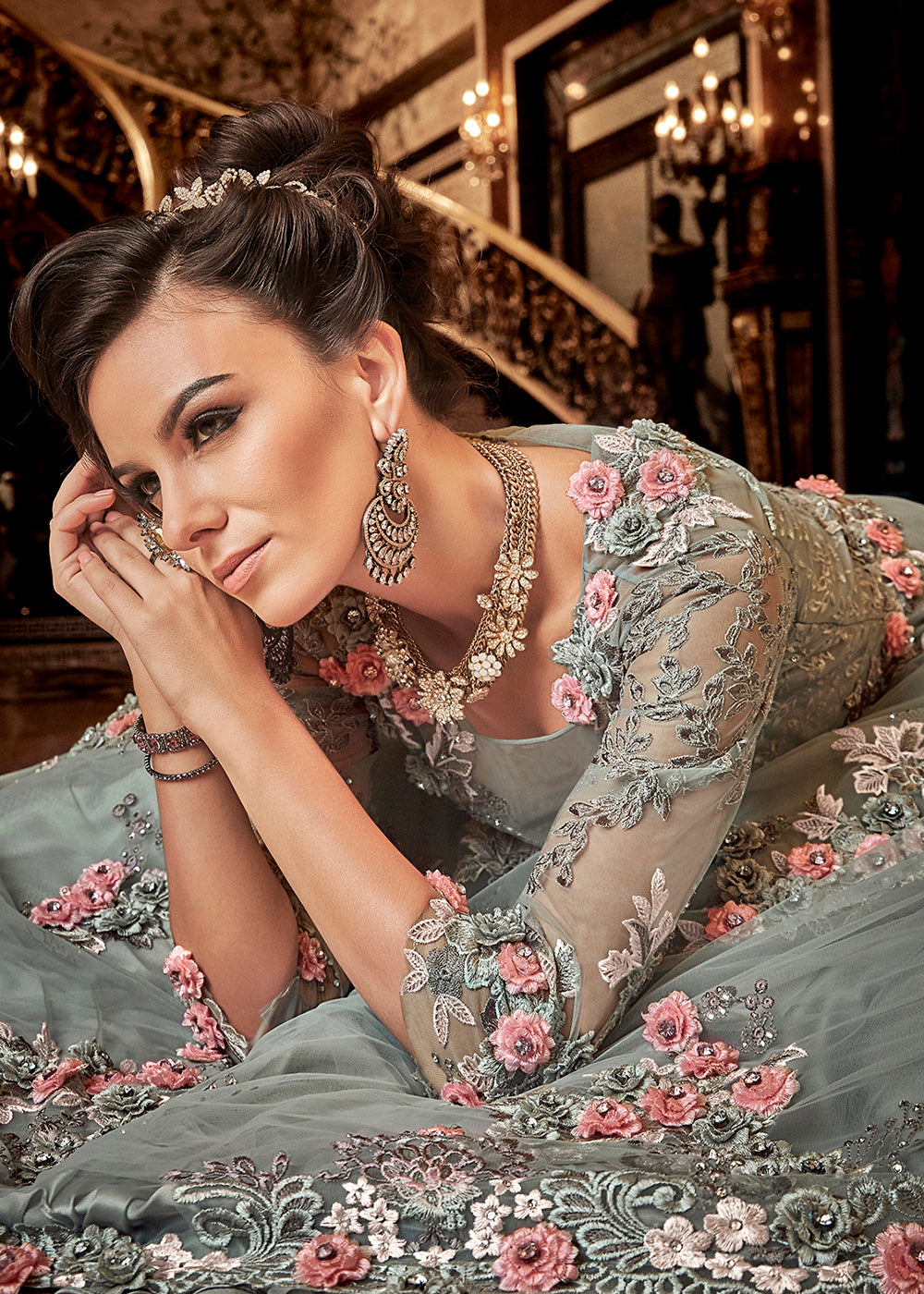 Buy Now Steel Grey Premium Net Reception Party Anarkali Gown Online in US, UK, Canada, France, Italy, Sweden, Ireland, Denmark, Greece &amp; Worldwide at Empress.