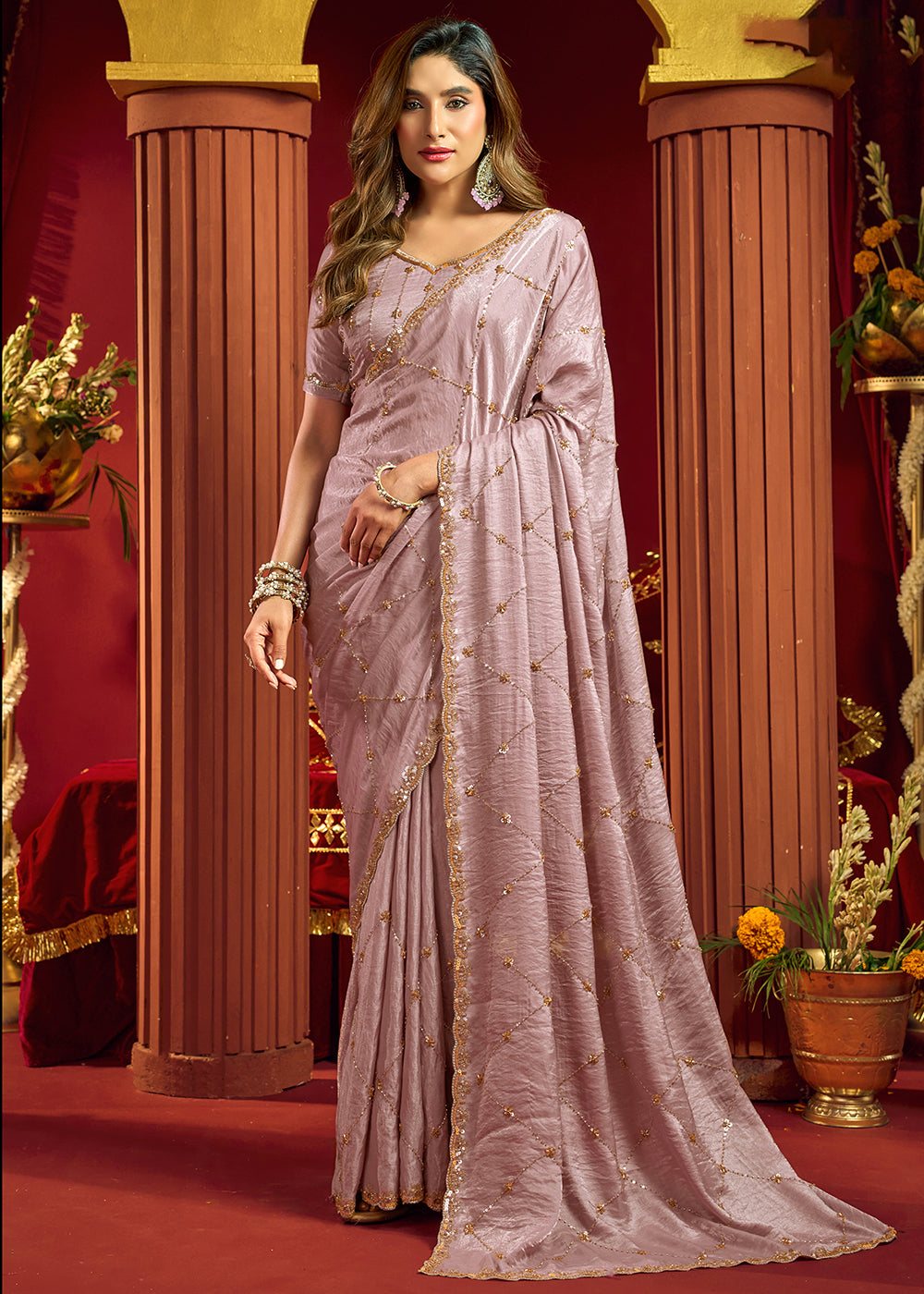 Buy Now Pink Velvet Bliss Embroidered Wedding Festive Saree Online in US, UK, Canada, France, Germany, Denmark, Sweden, Italy, Greece & Worldwide at Empress.