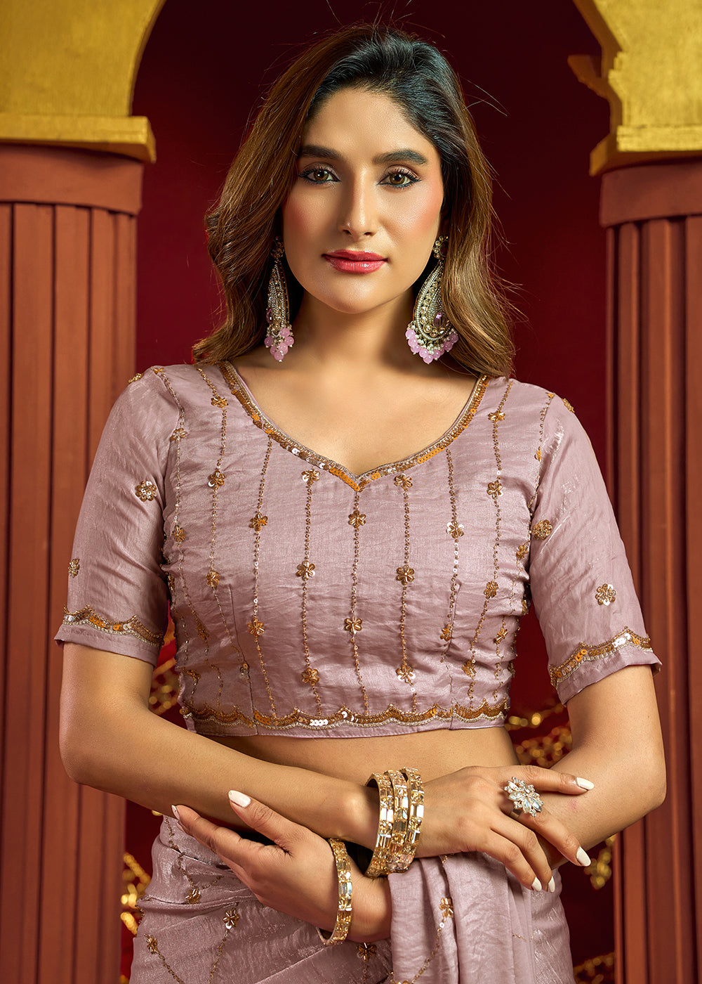 Buy Now Pink Velvet Bliss Embroidered Wedding Festive Saree Online in US, UK, Canada, France, Germany, Denmark, Sweden, Italy, Greece &amp; Worldwide at Empress.