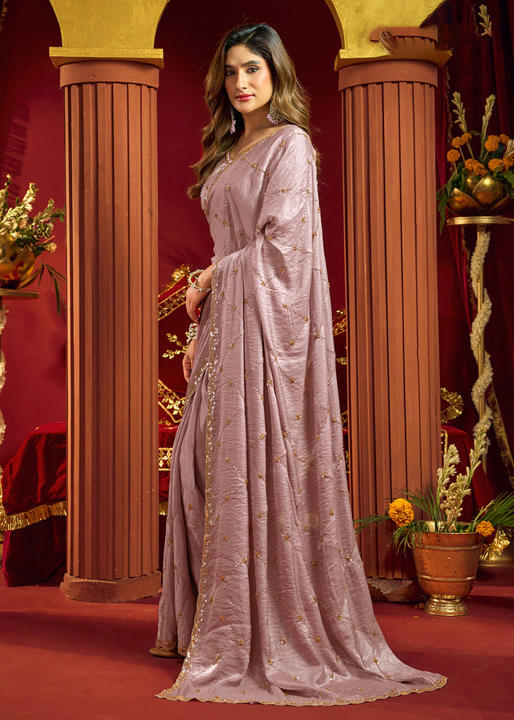 Buy Now Pink Velvet Bliss Embroidered Wedding Festive Saree Online in US, UK, Canada, France, Germany, Denmark, Sweden, Italy, Greece &amp; Worldwide at Empress.