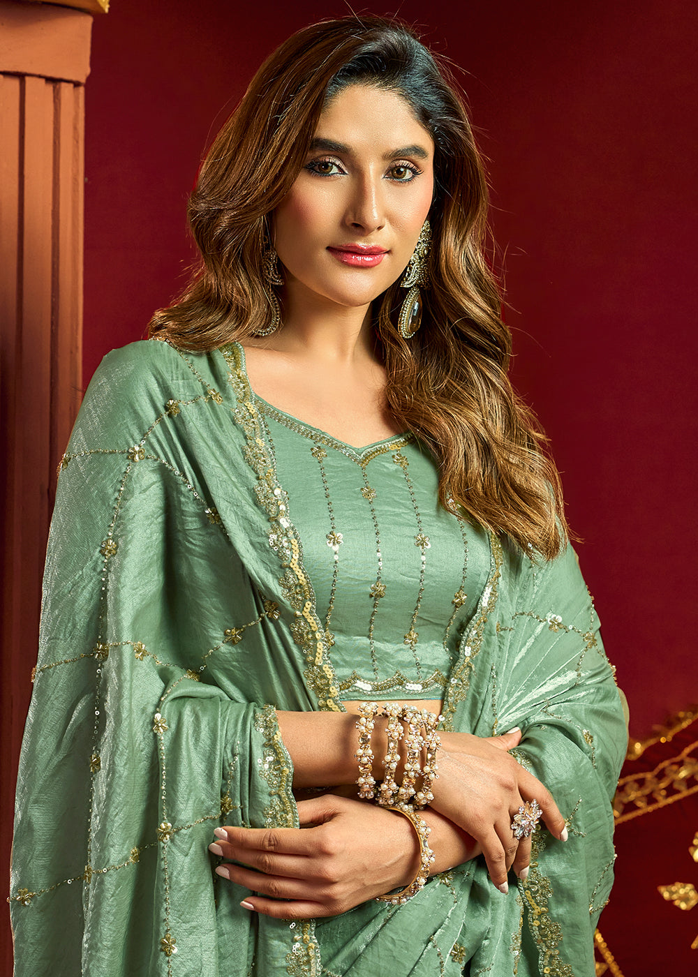 Buy Now Green Velvet Bliss Embroidered Wedding Festive Saree Online in US, UK, Canada, France, Germany, Denmark, Sweden, Italy, Greece & Worldwide at Empress.