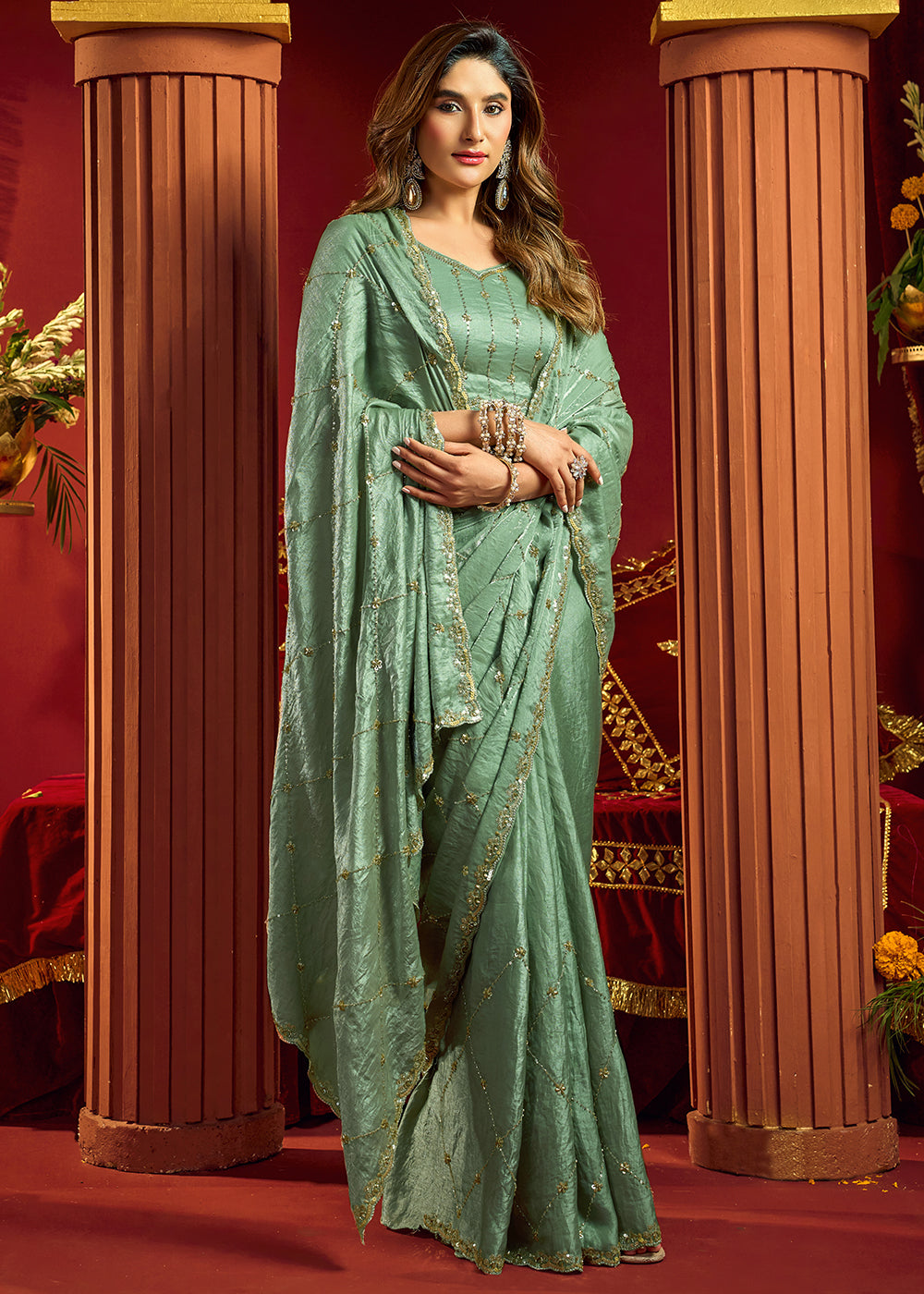 Buy Now Green Velvet Bliss Embroidered Wedding Festive Saree Online in US, UK, Canada, France, Germany, Denmark, Sweden, Italy, Greece &amp; Worldwide at Empress.