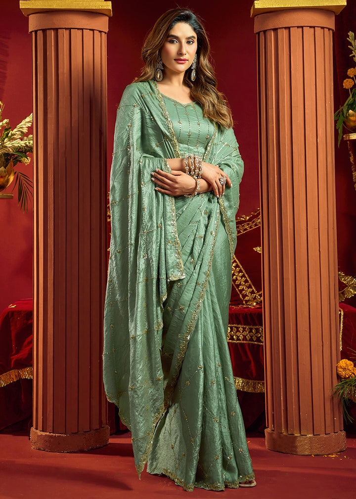 Buy Now Green Velvet Bliss Embroidered Wedding Festive Saree Online in US, UK, Canada, France, Germany, Denmark, Sweden, Italy, Greece &amp; Worldwide at Empress.