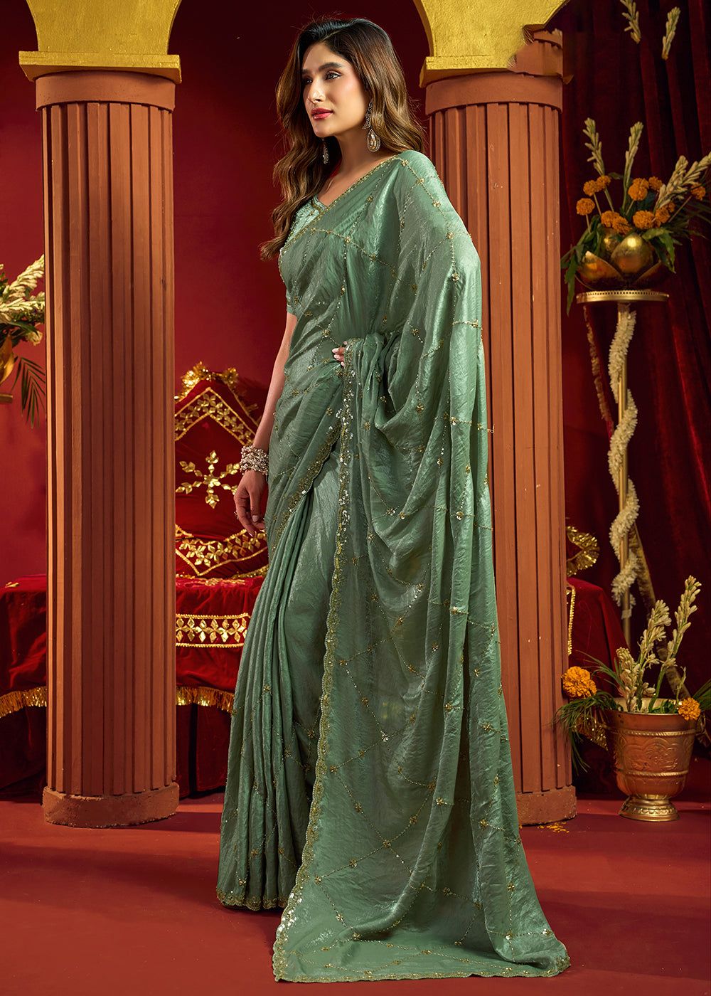 Buy Now Green Velvet Bliss Embroidered Wedding Festive Saree Online in US, UK, Canada, France, Germany, Denmark, Sweden, Italy, Greece &amp; Worldwide at Empress.