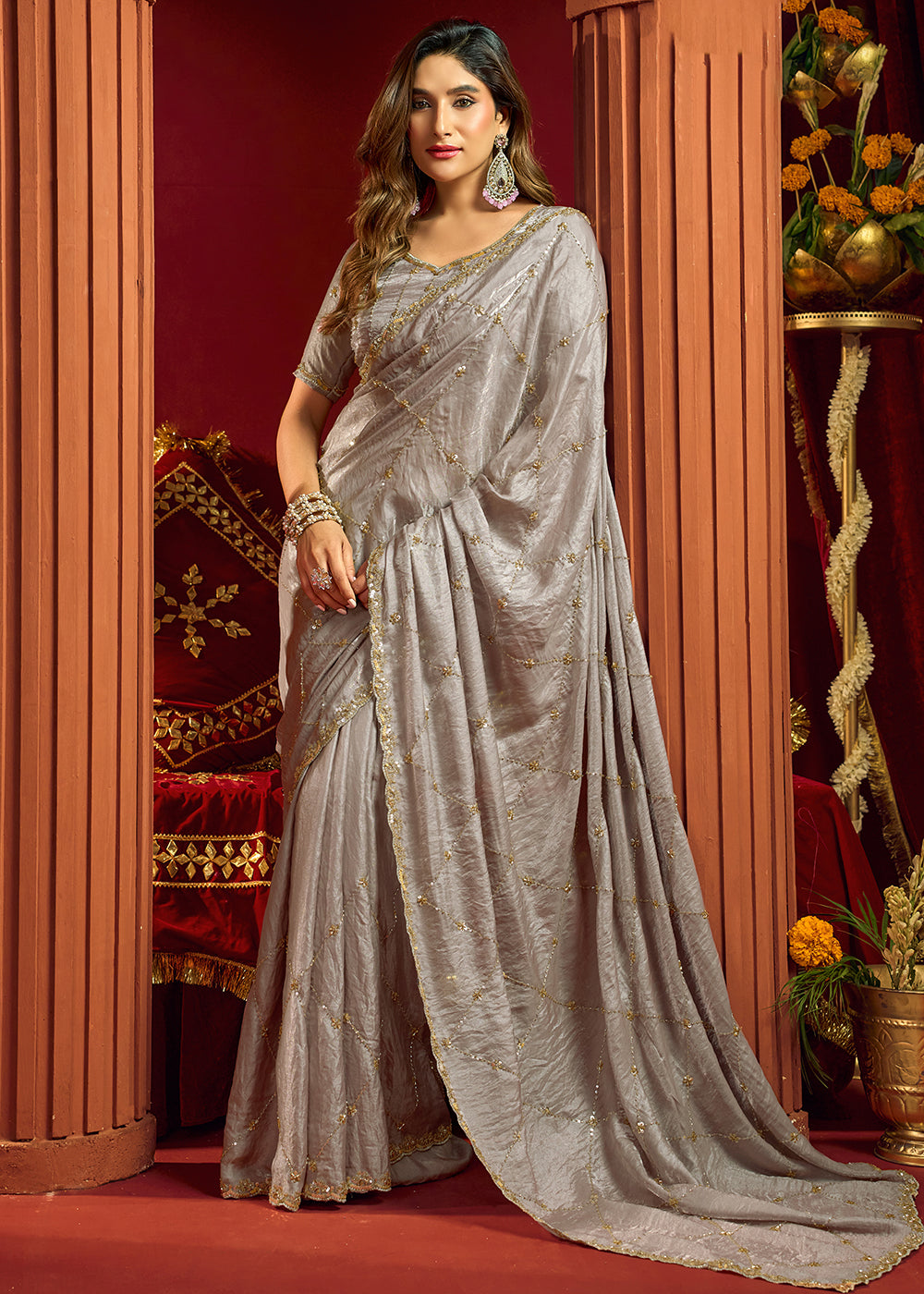 Buy Now Grey Velvet Bliss Embroidered Wedding Festive Saree Online in US, UK, Canada, France, Germany, Denmark, Sweden, Italy, Greece &amp; Worldwide at Empress.