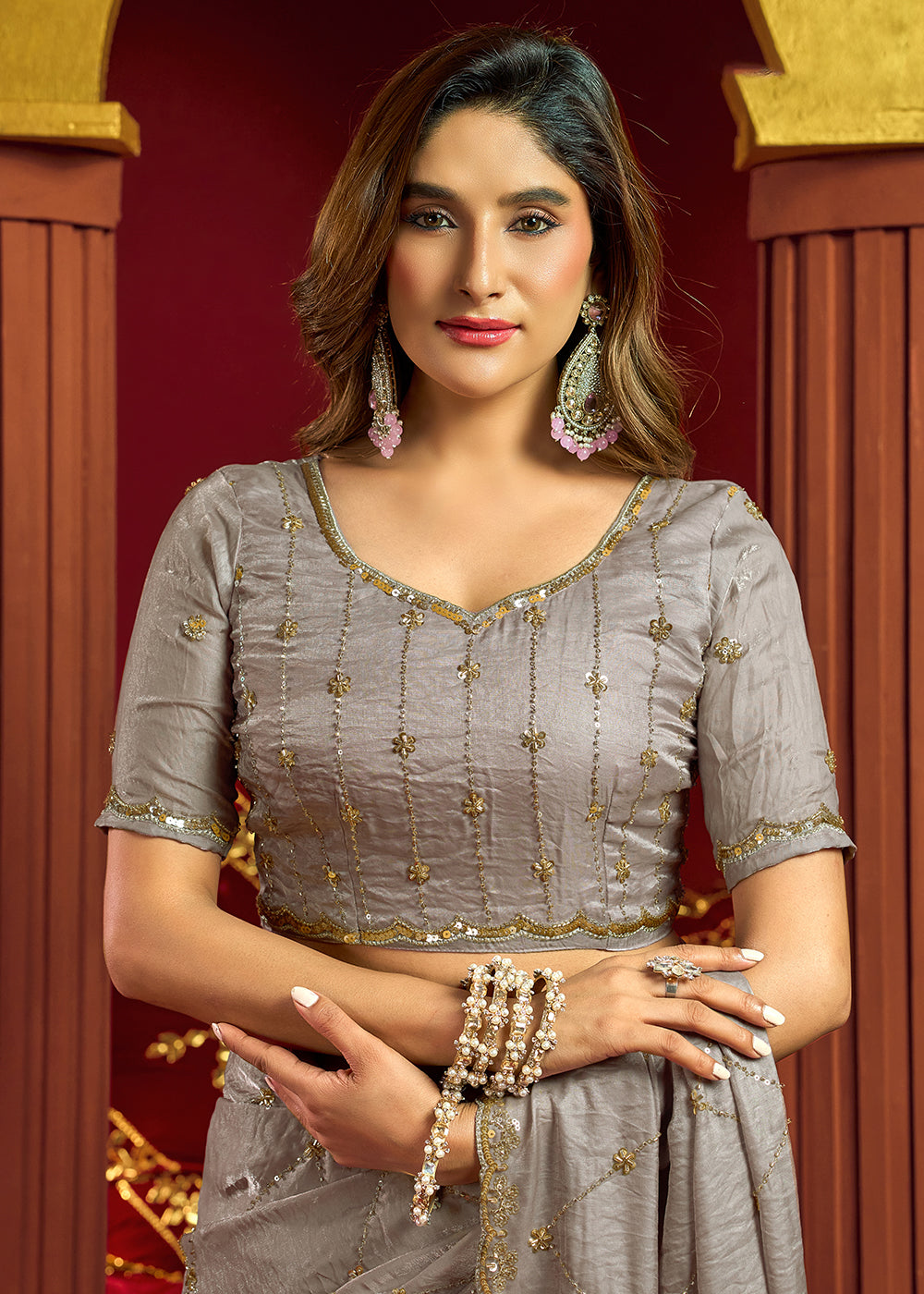 Buy Now Grey Velvet Bliss Embroidered Wedding Festive Saree Online in US, UK, Canada, France, Germany, Denmark, Sweden, Italy, Greece &amp; Worldwide at Empress.