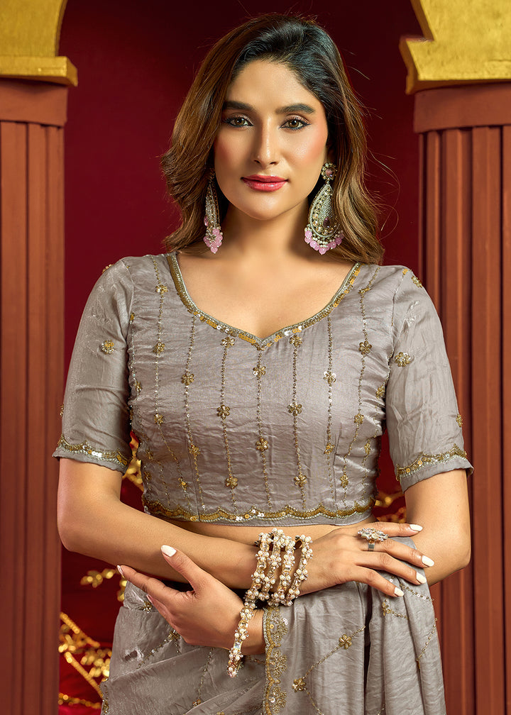 Buy Now Grey Velvet Bliss Embroidered Wedding Festive Saree Online in US, UK, Canada, France, Germany, Denmark, Sweden, Italy, Greece &amp; Worldwide at Empress.