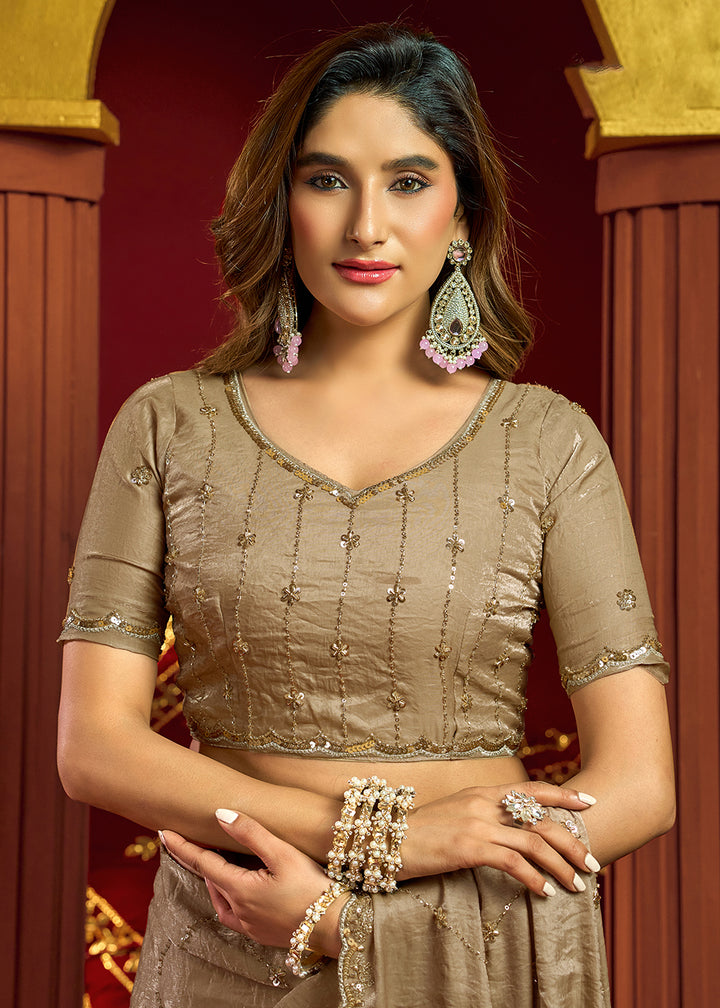 Buy Now Beige Velvet Bliss Embroidered Wedding Festive Saree Online in US, UK, Canada, France, Germany, Denmark, Sweden, Italy, Greece &amp; Worldwide at Empress.