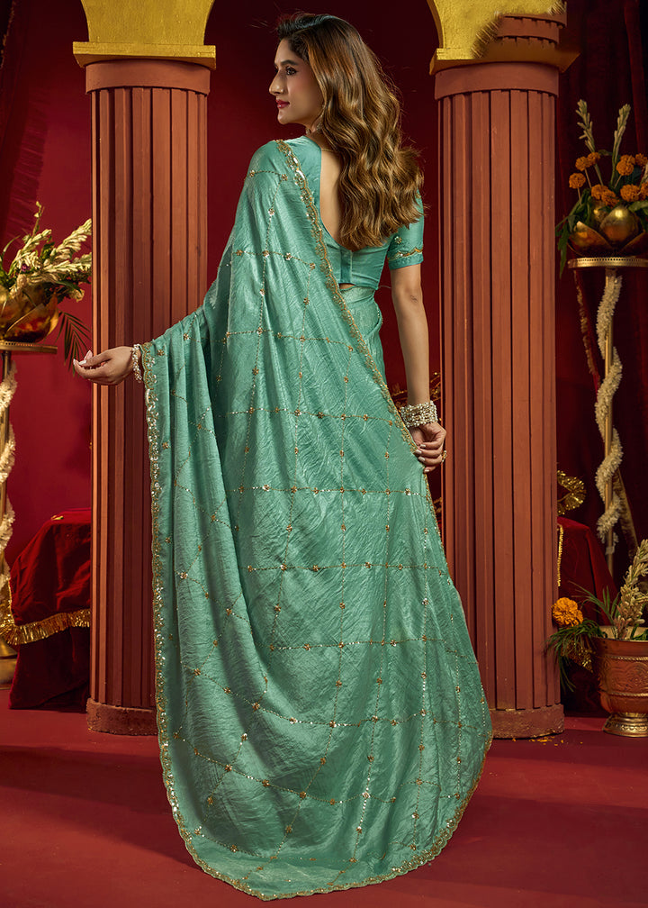 Buy Now Turquoise Velvet Bliss Embroidered Wedding Festive Saree Online in US, UK, Canada, France, Germany, Denmark, Sweden, Italy, Greece &amp; Worldwide at Empress.