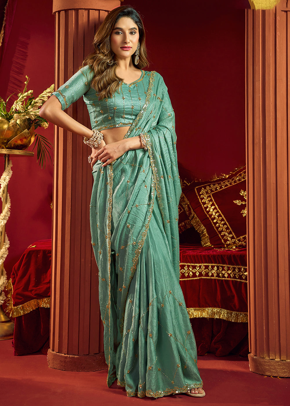 Buy Now Turquoise Velvet Bliss Embroidered Wedding Festive Saree Online in US, UK, Canada, France, Germany, Denmark, Sweden, Italy, Greece &amp; Worldwide at Empress.
